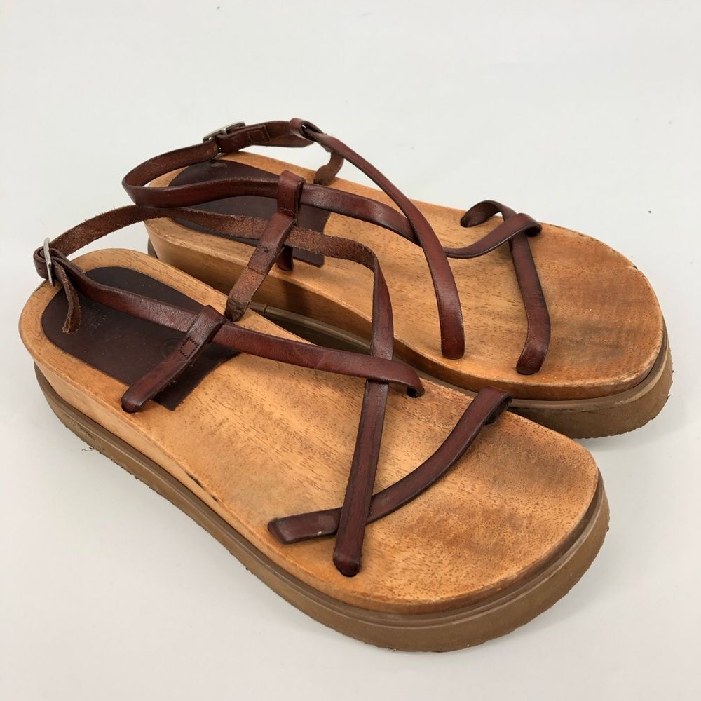 VTG y2k American Eagle Wooden Platform Sandals Womens 6 Leather Strappy‎ 2000s